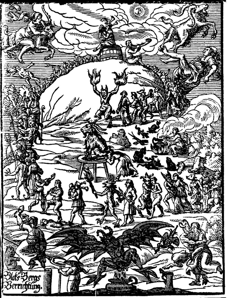 Uma cerimônia de sábado, um bode representando o diabo está no centro, cercado por bruxas e demônios. Gravura alemã do século XVI de German School