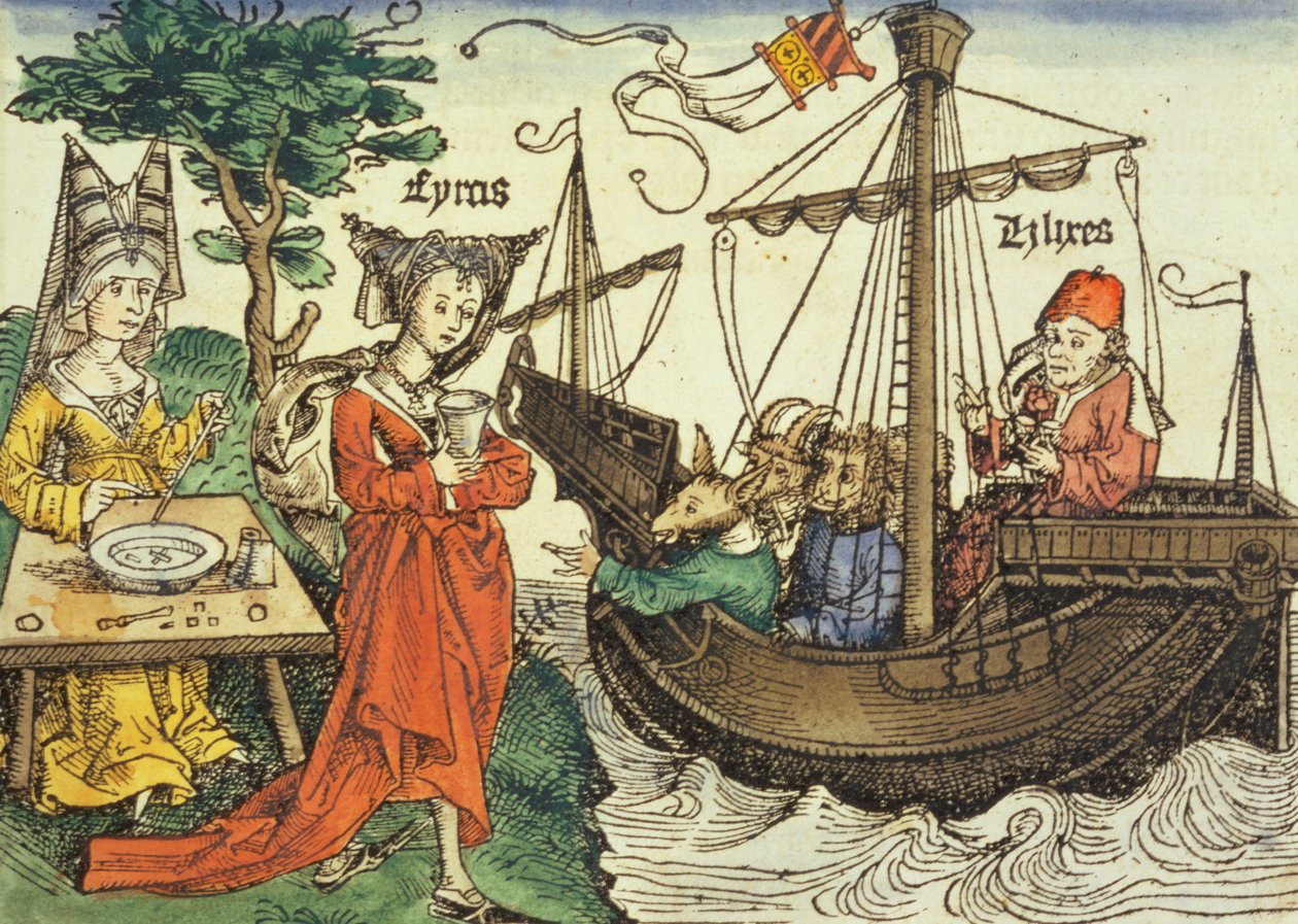 Uma feiticeira, provavelmente Circe com a taça de veneno e Ulisses com seus companheiros da Crônica de Nuremberg por Hartmann Schedel (1440-1514) 1493 de German School