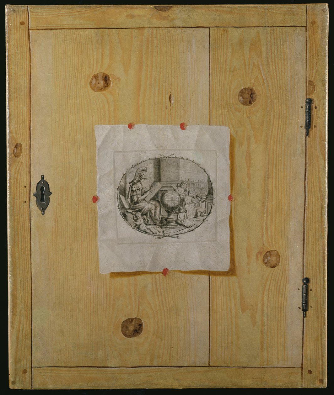 Um trompe lOeil de uma porta de armário com uma gravura de German School