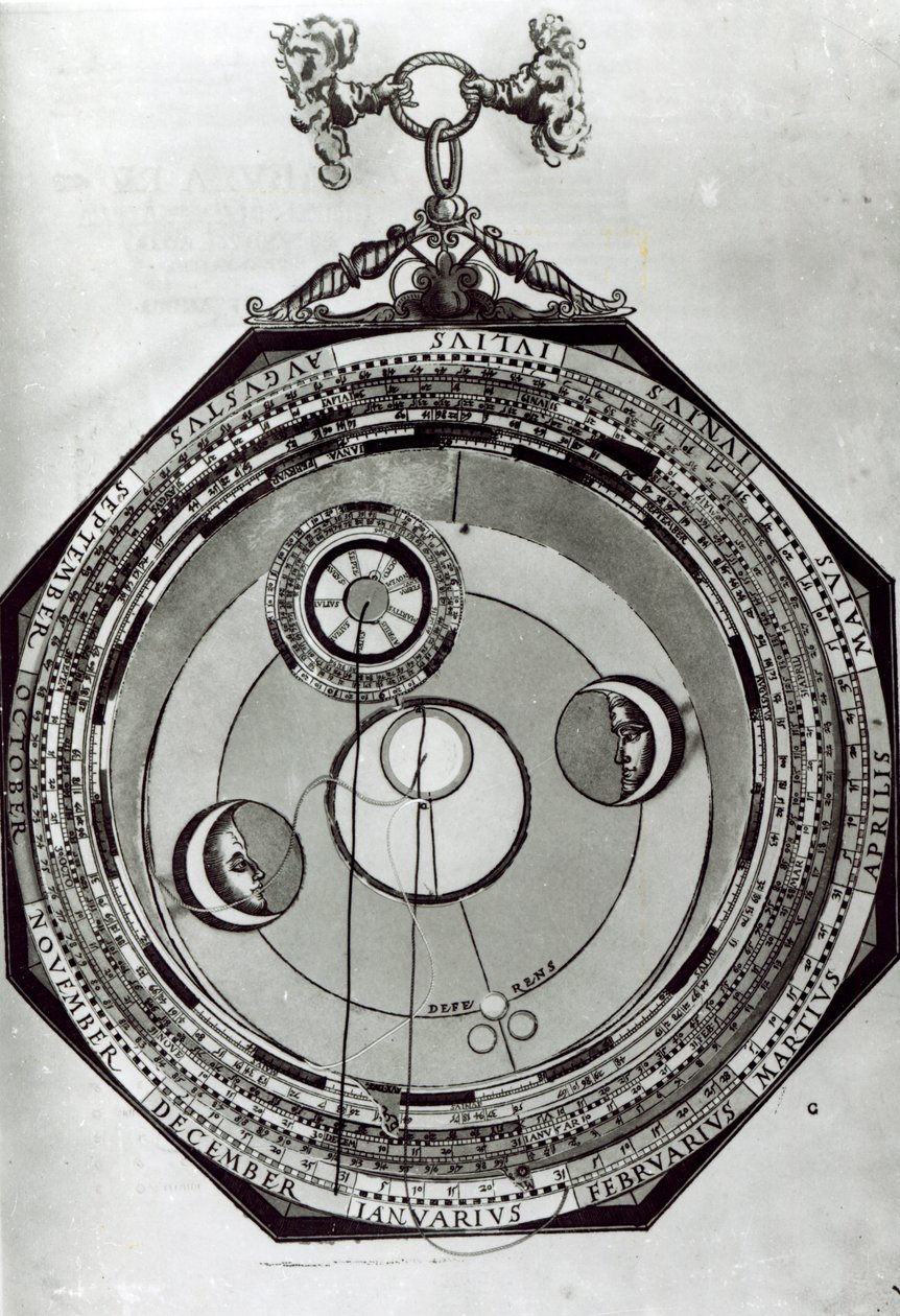 Um Volvelle, possivelmente mostrando os ciclos da Lua, após uma ilustração de Astronomicon Caesareum por Petrus Apianus, 1540 de German School