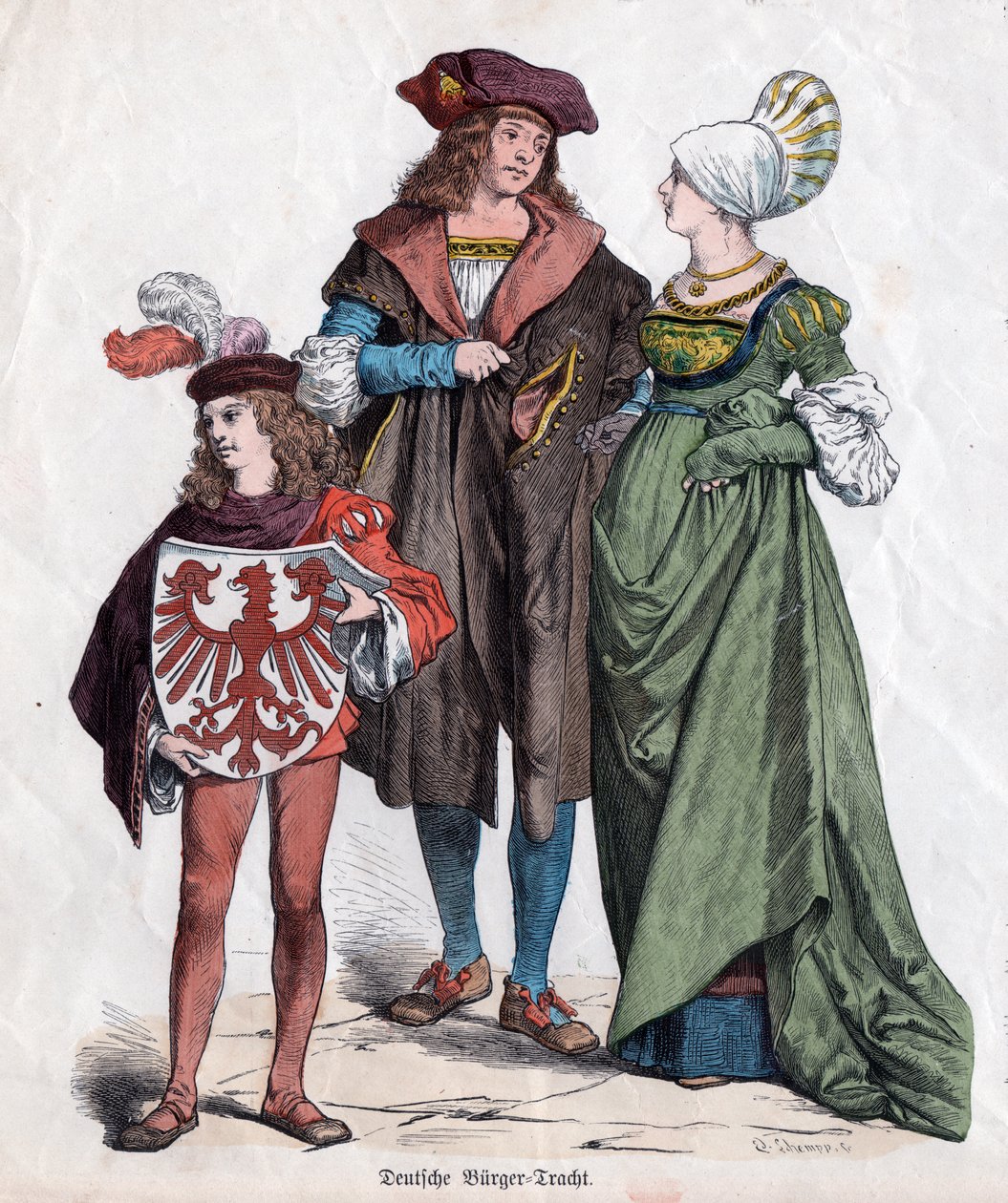 Uma família burguesa. Fantasias alemãs do século XVI do "Munchener Bilderbogen", Alemanha, c.1880 (gravura) de German School