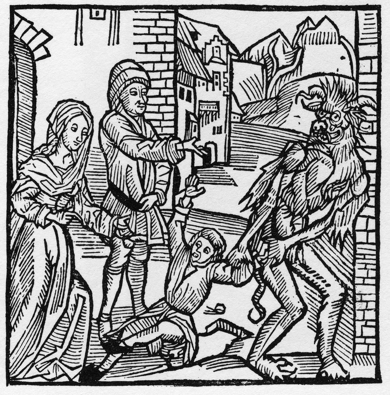 Um diabo leva uma criança diante dos olhos dos seus pais que lhe tinham prometido por pacto - Em "Der Ritter von Turn" do Cavaleiro Marquard vomita Stein de German School