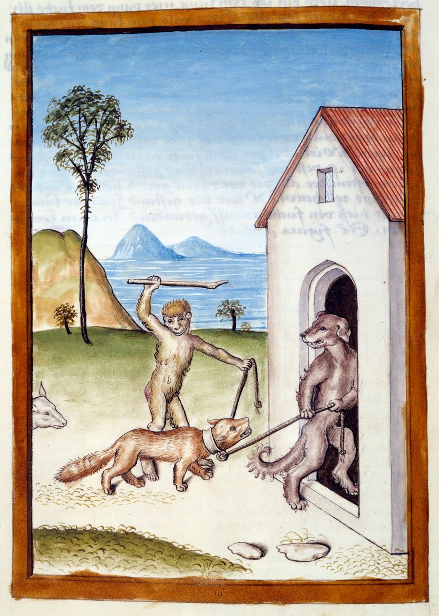 Um cão e um macaco a tiranizar uma doninha. Animais retratados em postura masculina. Miniatura tirada de uma tradução alemã das fábulas de "Kalila (Calila) e Dimna" de Bidpai. Chantilly do século XV, Musee Conde de German School