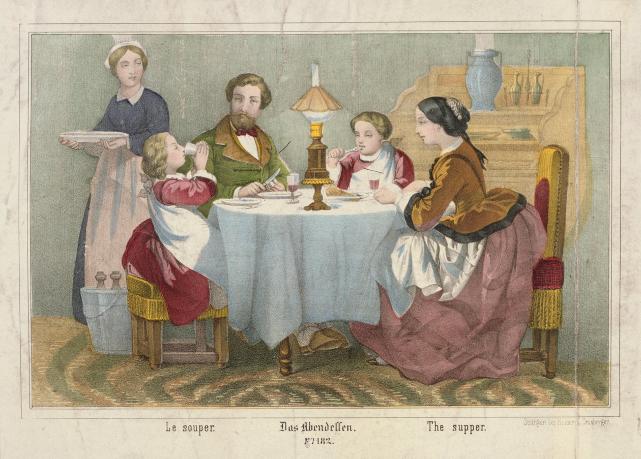Uma família em sua refeição da noite, panfleto pictórico publicado por Haider & Cronberger, Stuttgart, 1860 de German School