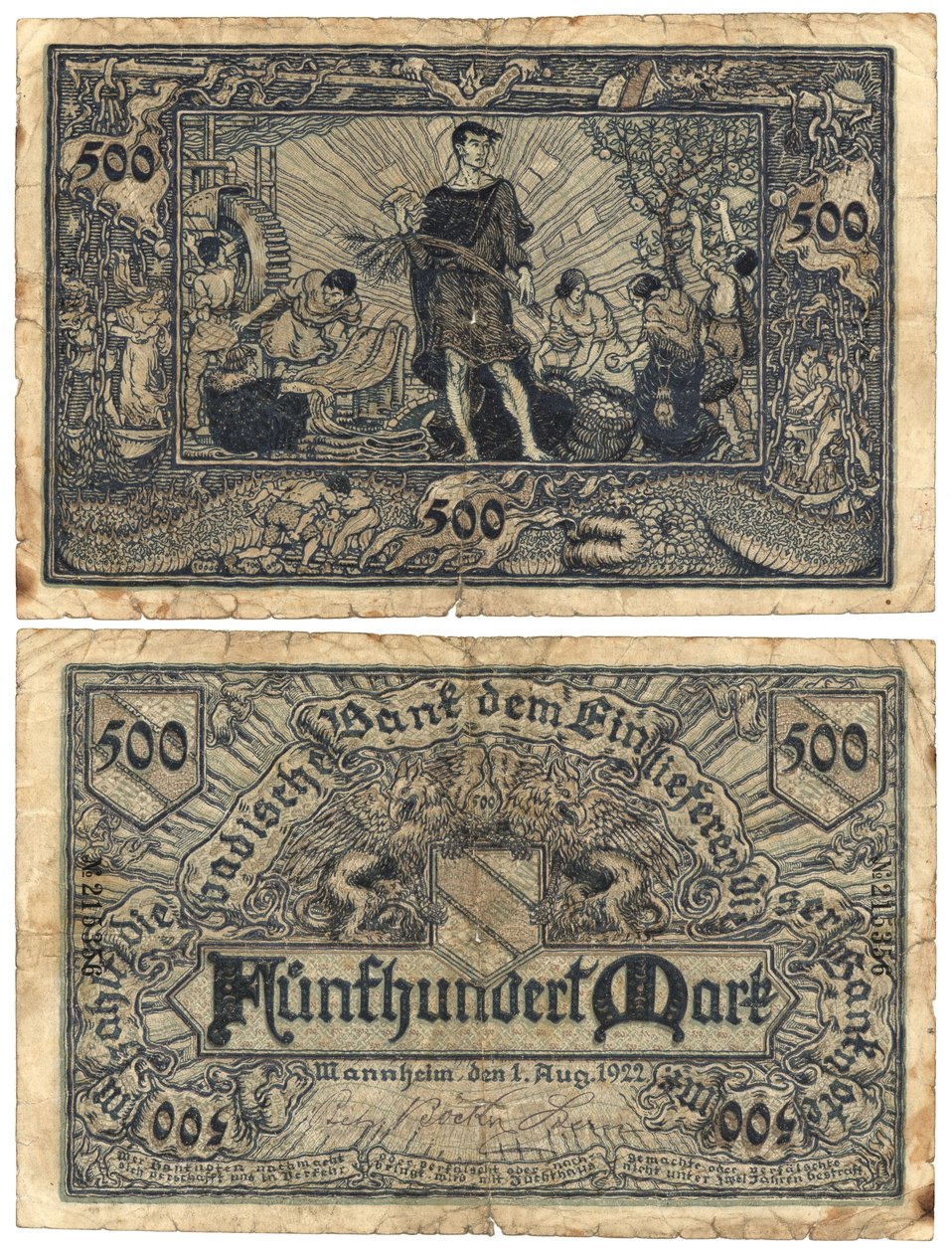 Uma nota de quinhentos marcos, 1922 (recto e verso) de German School