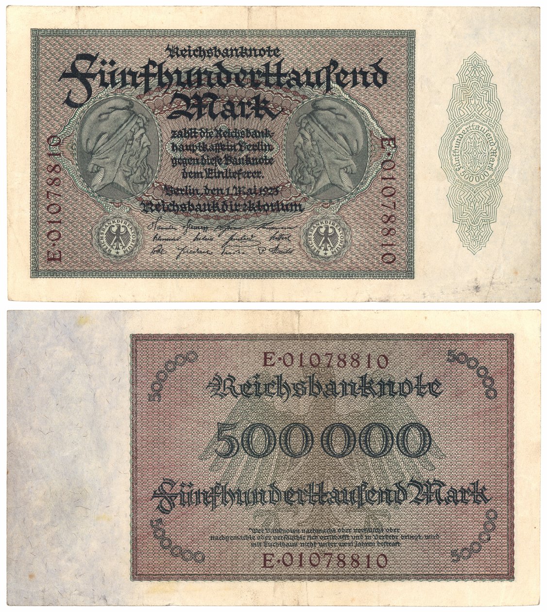 Uma nota de quinhentos mil marcos, 1923 (recto e verso) de German School