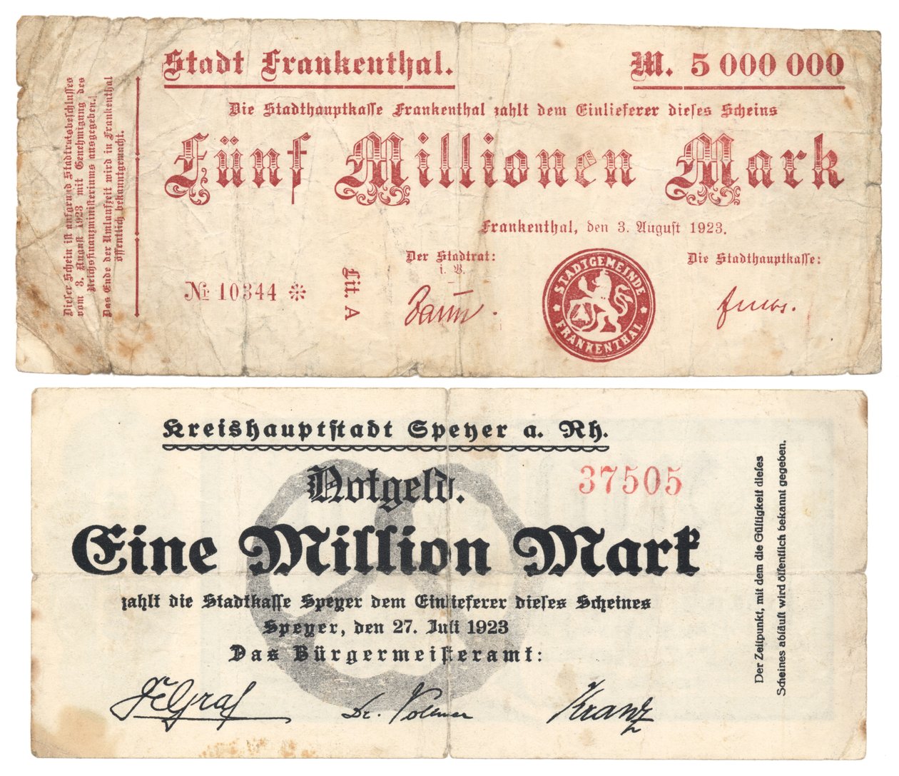 Notas de cinco milhões e um milhão de notas, 1923 de German School
