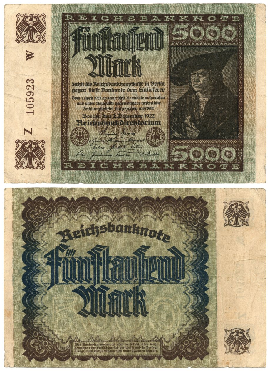 Uma nota de cinco mil marcos, 1922 (reto e verso) de German School