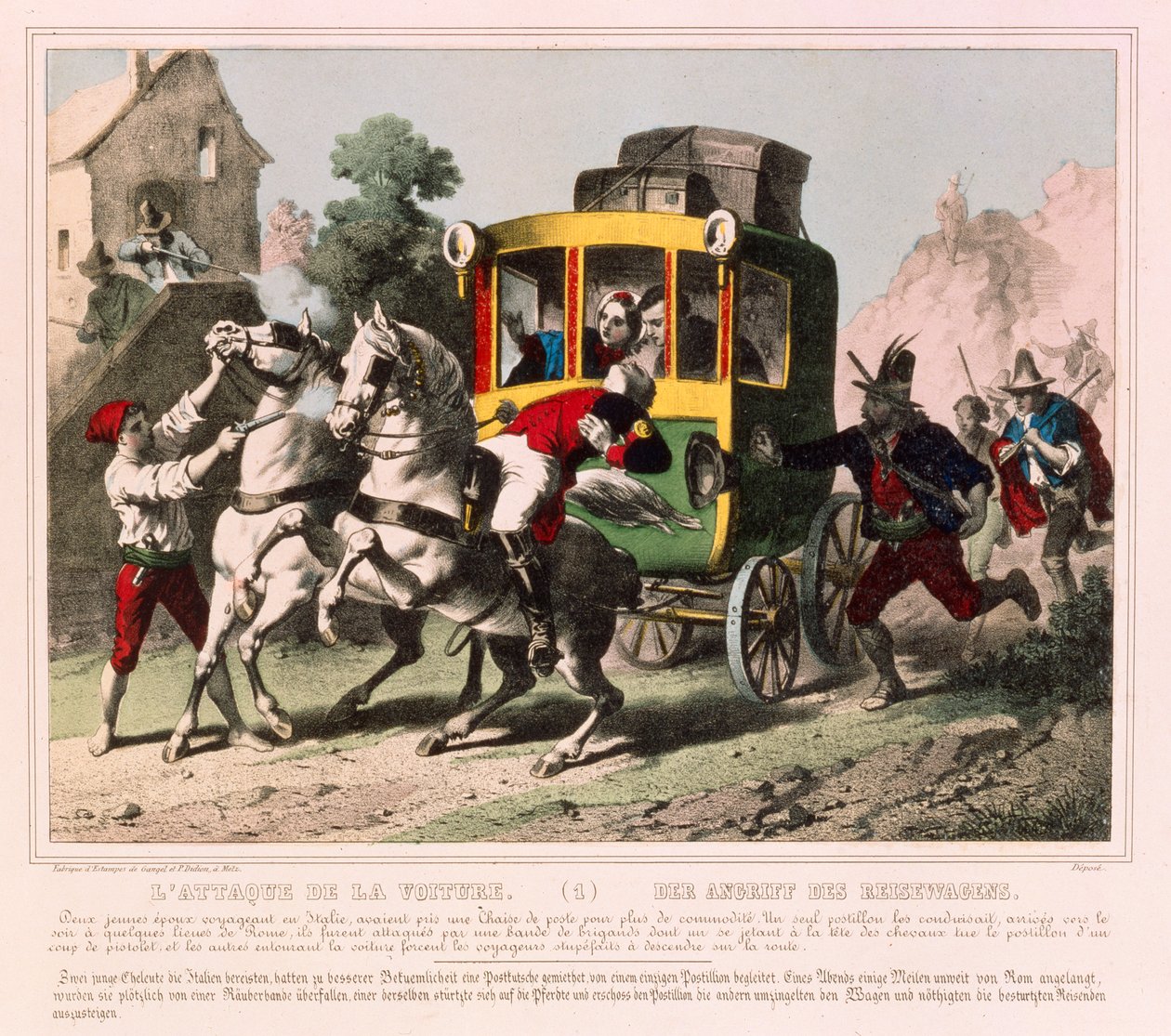Um casal em lua-de-mel é atacado por salteadores de estrada na Itália, um panfleto panorâmico publicado por Gangel & P. Didion, Metz, c.1850 de German School