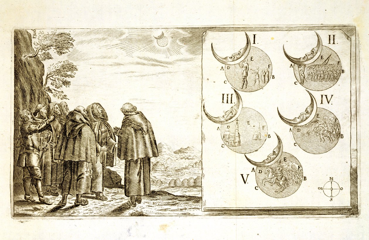 Um ataque militar tramado de acordo com as fases de um eclipse, ilustração de um livro sobre as campanhas otomanas na Europa, gravado por Paul Furst (c.1605-66) de German School