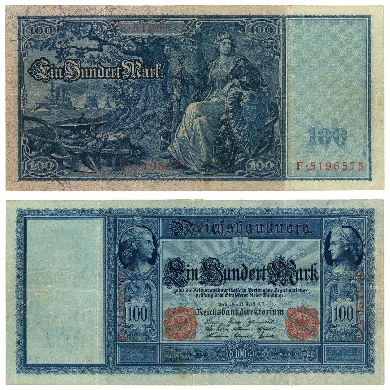 Uma nota de cem marcos, 1910 (recto e verso) de German School