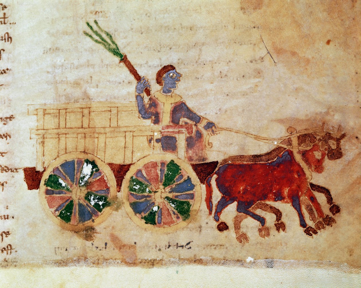 Um camponês em um carrinho miniatura do manuscrito "De Universo" (ou De rerum naturis (Da Natureza das Coisas)) (cod. 132) por Rabanus Maurus Magnentius (ou Raban Maur ou Rabano Mauro) (ca. 780-856). Século IX. Arquivo da Abadia de Monte Cassino (Monte Cas de German School