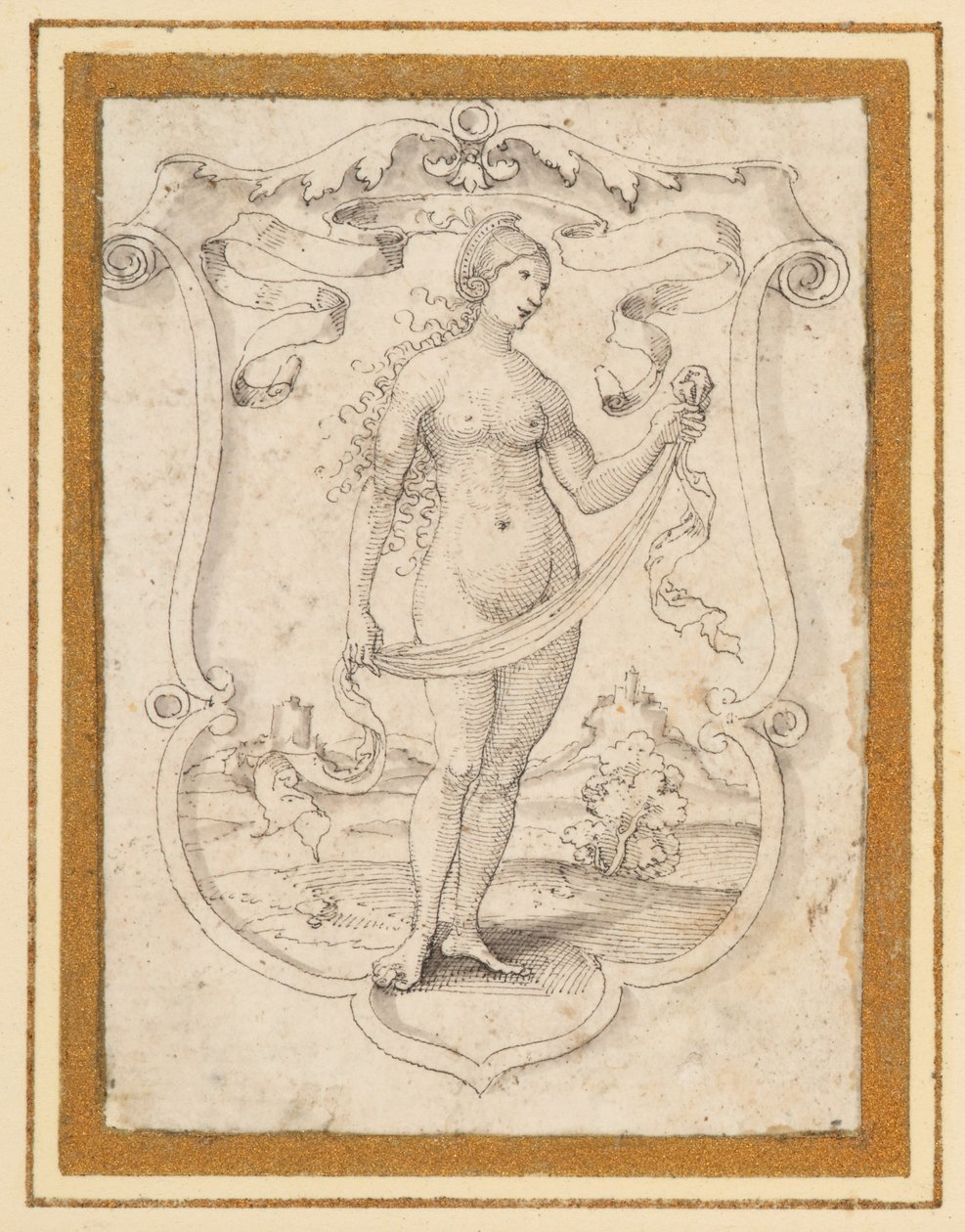 Um escudo rolado com a imagem de uma mulher nua de pé numa paisagem, com um banderole acima, talvez uma alegoria de Orgulho de German School