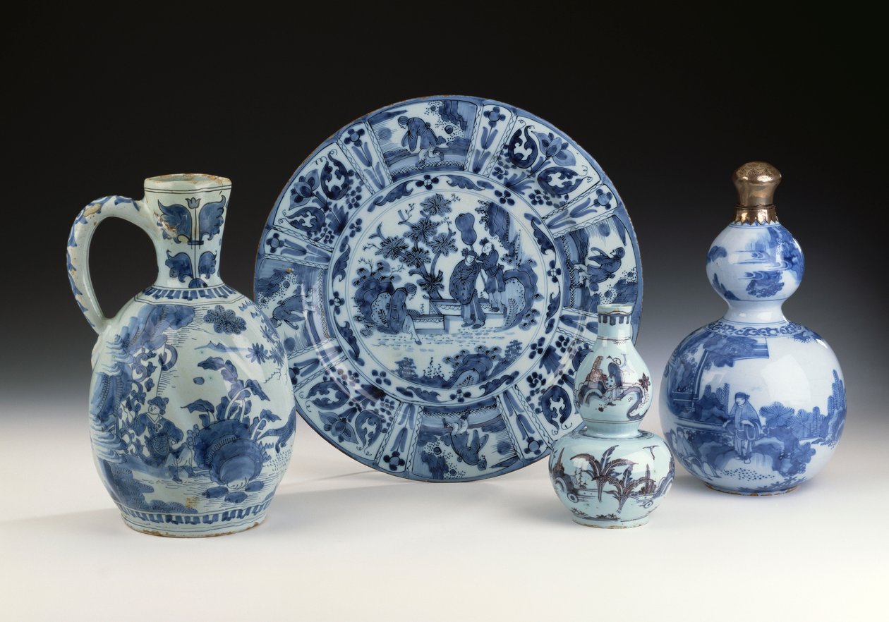 Uma seleção de cerâmica azul e branca de Frankfurt em estilo chinês, c.1700 (cerâmica) de German School