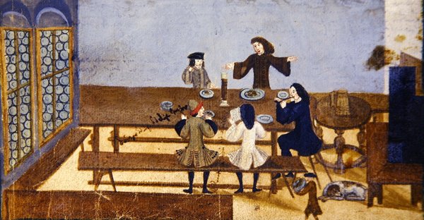 Uma cena interior de taberna com figuras a beber, c.1690 (guache no papel) de German School