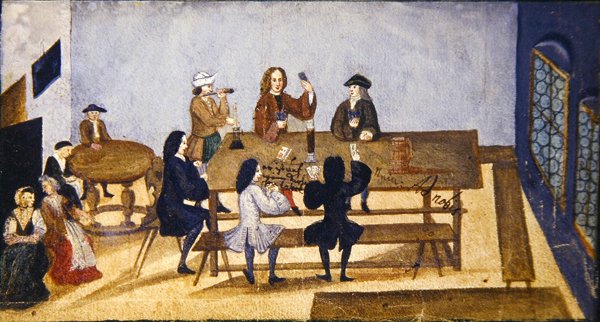 Uma cena interior de taberna com figuras jogando cartas, c.1690 (guache sobre papel) de German School