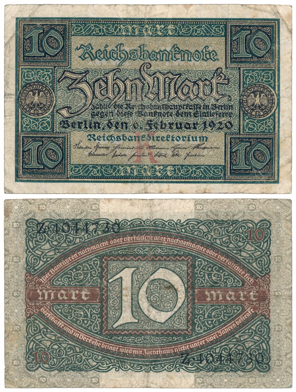 Uma nota de dez marcos, 1920 (recto e verso) de German School