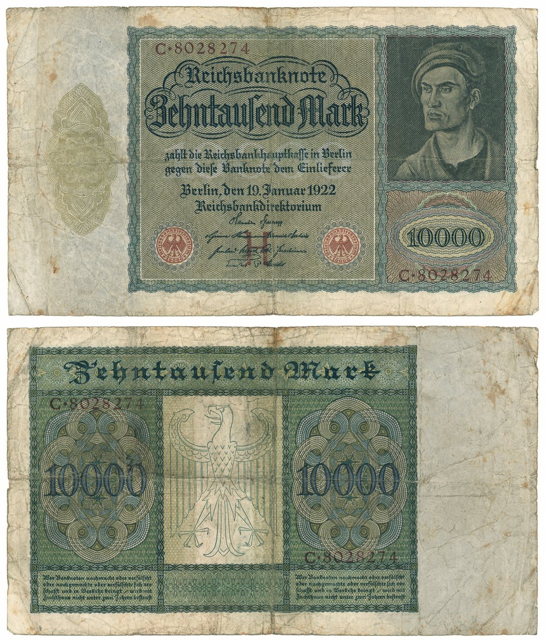 Uma nota de dez mil marcos, 1922 (reto e verso) de German School