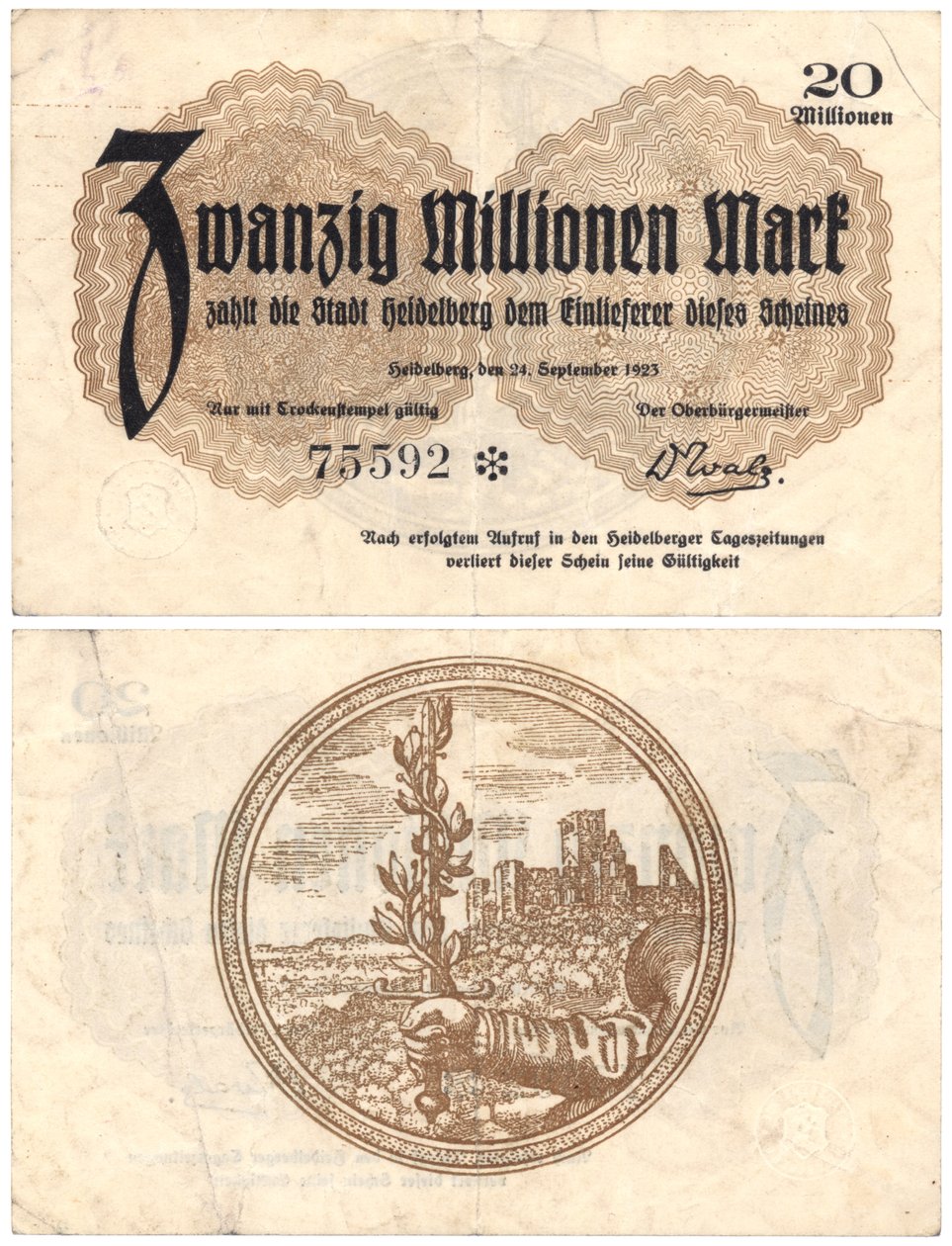 Uma nota de vinte milhões de notas, 1923 (recto e verso) de German School