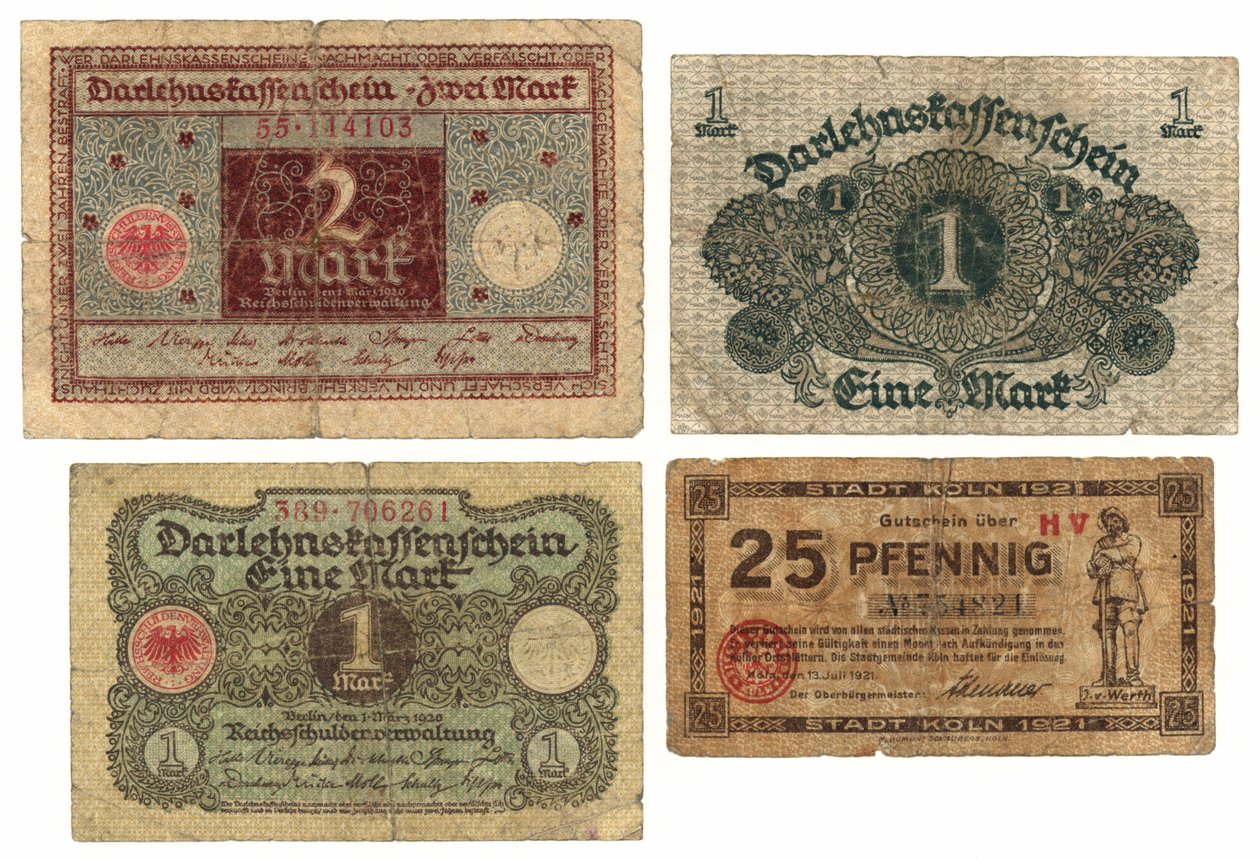 Uma nota de duas marcas, duas notas de uma marca e uma nota de vinte e cinco pfennig, 1920-21 de German School