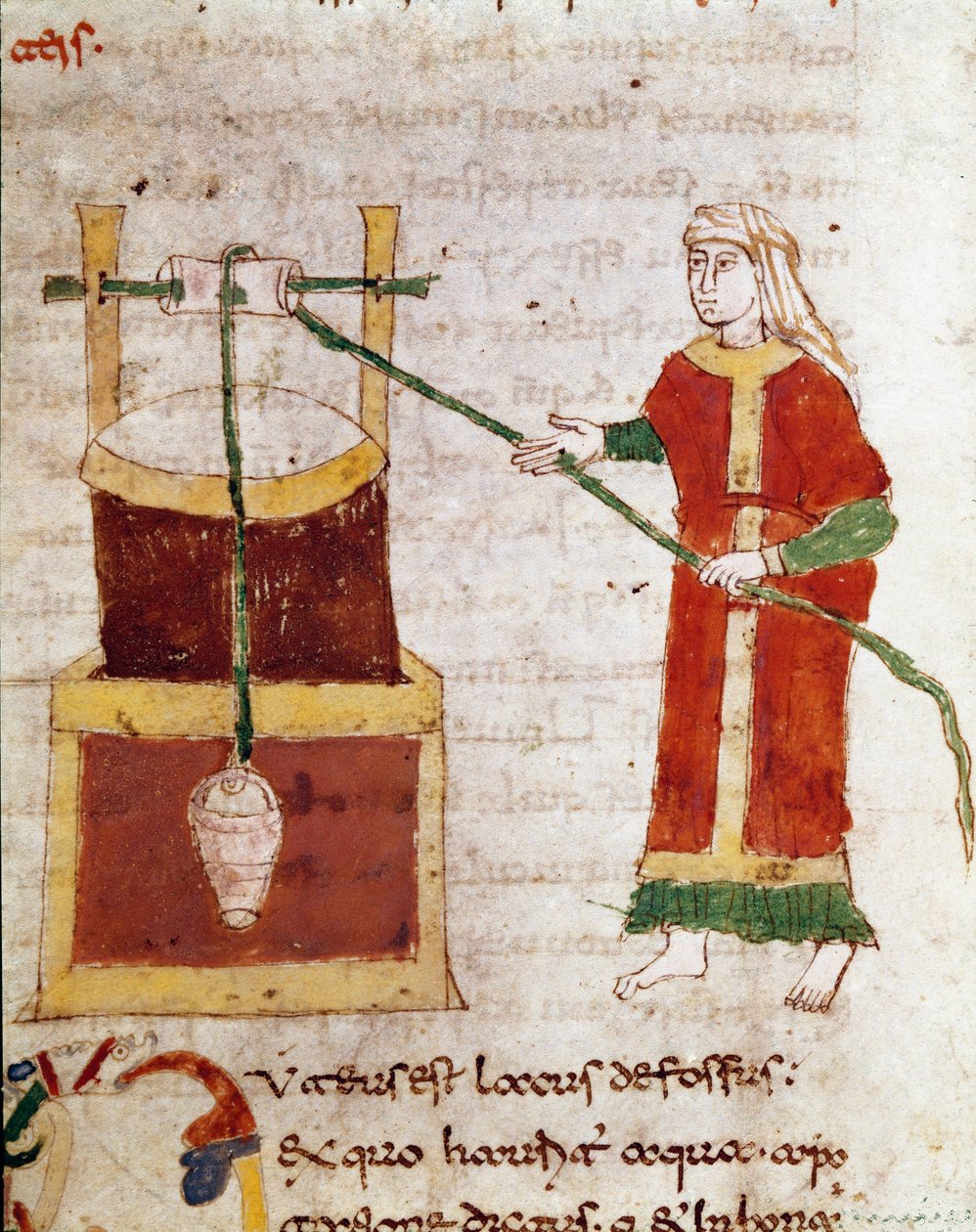 Uma mulher retirando água do poço miniatura do volume "De puteis" do manuscrito "De Universo" (ou De rerum naturis (De la Nature des choses)) (cod. 132) por Rabanus Maurus Magnentius (ou Raban Maur ou Rabano Mauro) (ca. 780-856). 9º cen de German School