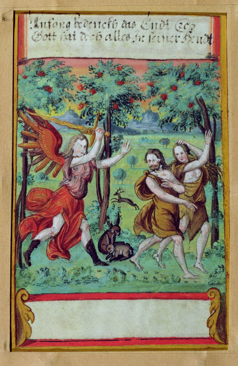 Adão e Eva Expulsos do Jardim do Éden, c.1640 (guache sobre velino) de German School