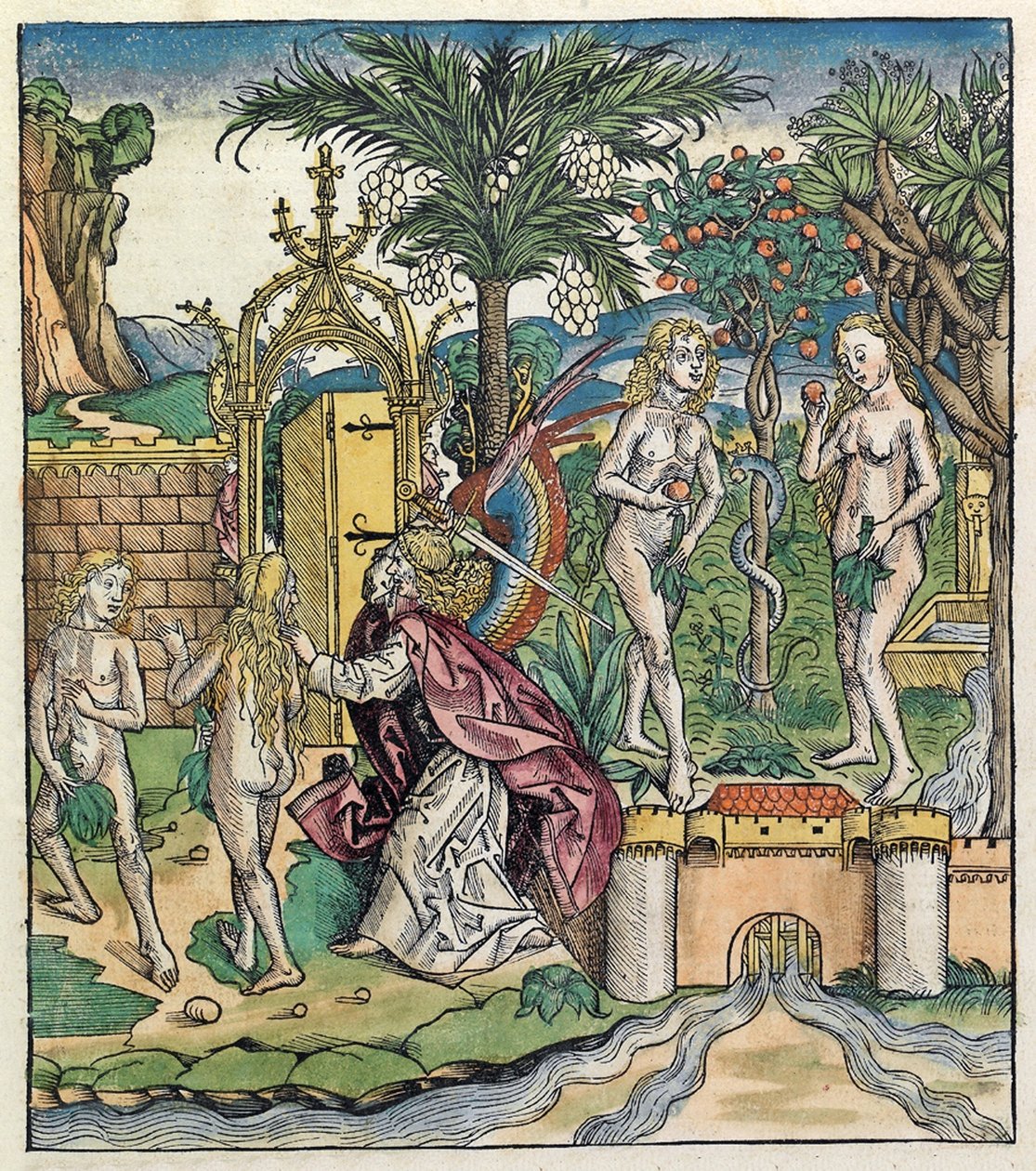 Adão e Eva sendo banidos do Éden, publicado no Nuremberg Chronicle, 1493 de German School