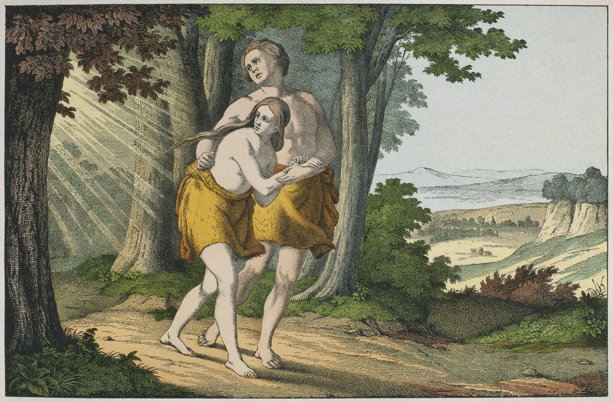 Adão e Eva expulso do paraíso, ilustração de LAncien Testament, publicado por Jakob Ferdinand Schreiber, Esslingen (gravura a cores) de German School