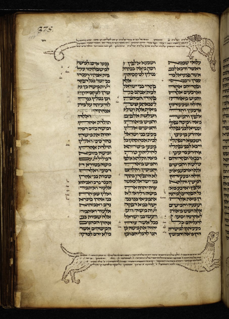 Adicionar. 21160, f.188, Micrografia de dois cães perseguindo um veado, árvore com pássaros e um dragão, em Números (cap. 2-3). de German School