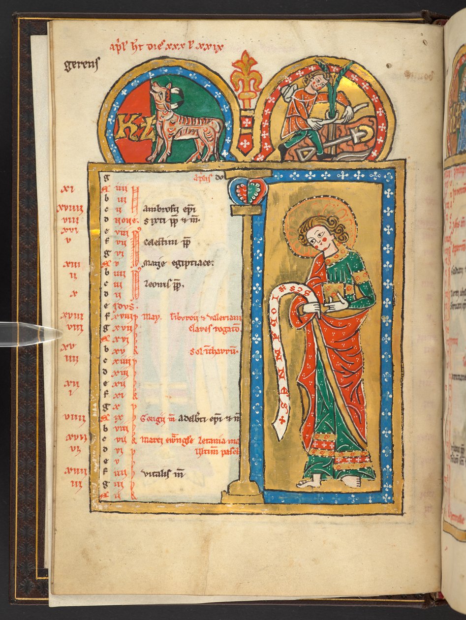 Acrescentar. 60629, f.2v Abril, parte de 12 páginas do calendário em ouro e cores, com molduras arquitectónicas contendo cada uma delas um signo do Zodíaco, um apóstolo e um trabalho do mês (vellum) de German School