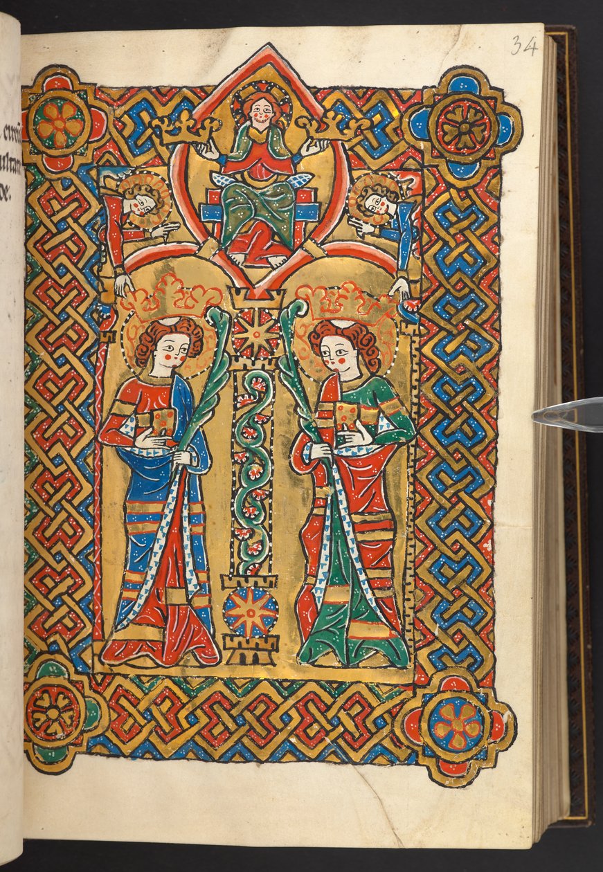 Acrescentar. 60629, f.34 Cristo e os anjos coroam dois santos monásticos (vellum) de German School