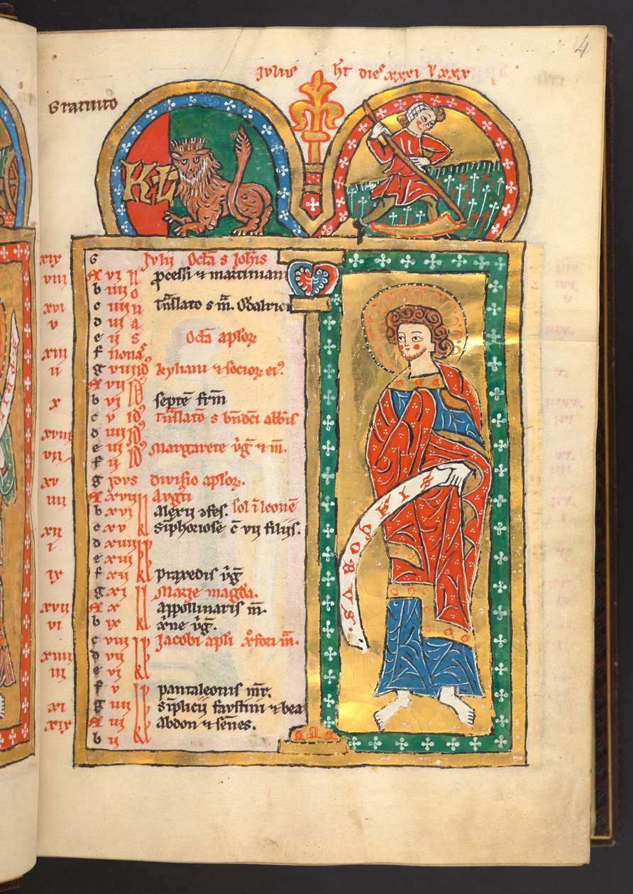 Adicionar. 60629, f.4 Julho. 12 páginas de calendário em ouro e cores, com molduras arquitetônicas cada uma contendo um signo do zodíaco, um apóstolo e um trabalho do mês.  Saltério. Saltério Iluminado com Calendário, Cânticos e Ladainhas para uso das monj de German School