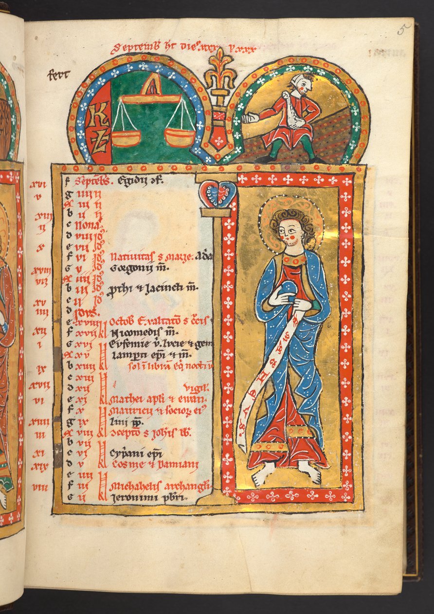 Acrescentar. 60629, f.5 Setembro. 12 páginas de Calendário em ouro e cores, com molduras arquitectónicas contendo cada uma delas um signo do Zodíaco, um apóstolo e um trabalho do mês. Psalter. Psalter iluminado com um Calendário, Cânticos e Litanias para o de German School