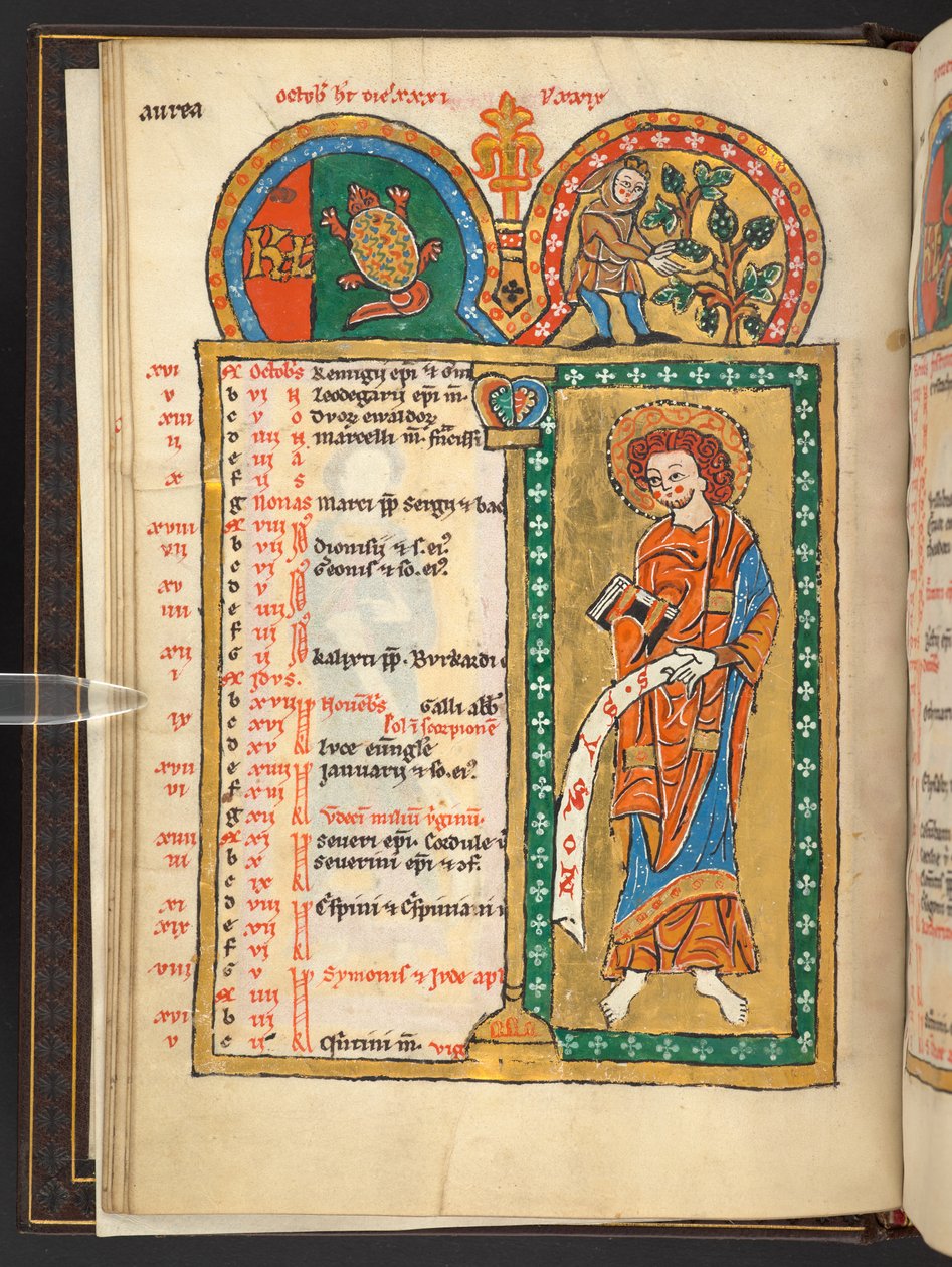 Adicionar. 60629, f.5v Outubro. 12 páginas de calendário em ouro e cores, com molduras arquitetônicas cada uma contendo um signo do zodíaco, um apóstolo e um trabalho do mês.  Saltério. Saltério Iluminado com Calendário, Cânticos e Ladainhas para o uso da  de German School