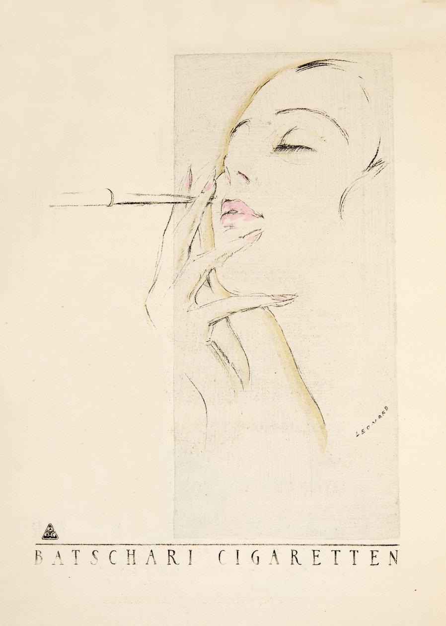 Anúncio de "Batschari Cigaretten", de Styl, pub.1922 (impressão em pochoir) de German School