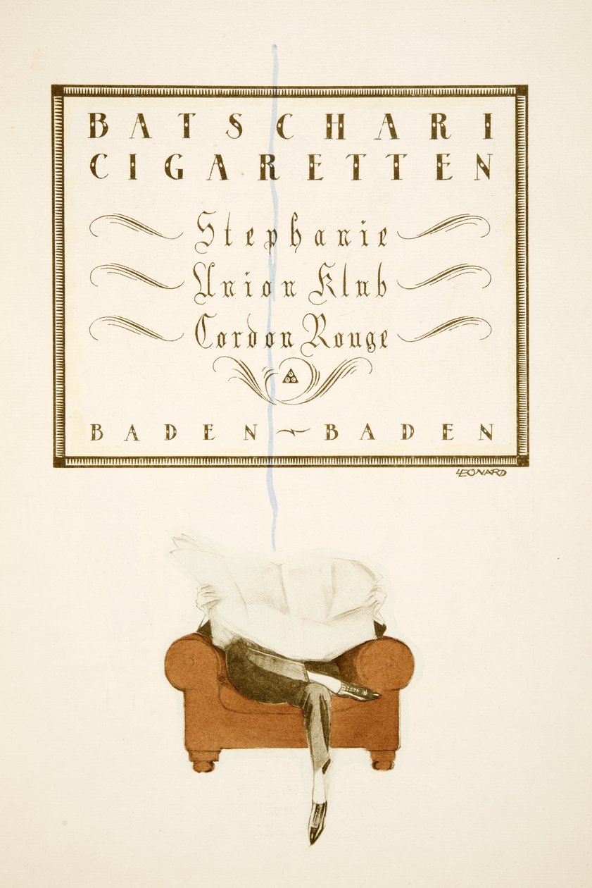 Anúncio de "Batschari Cigaretten", de Styl, pub.1922 (impressão em pochoir) de German School