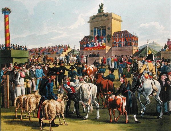 Exposição agrícola em Cannstadt, Wurtemberg, c.1820 (gravação a cores) de German School