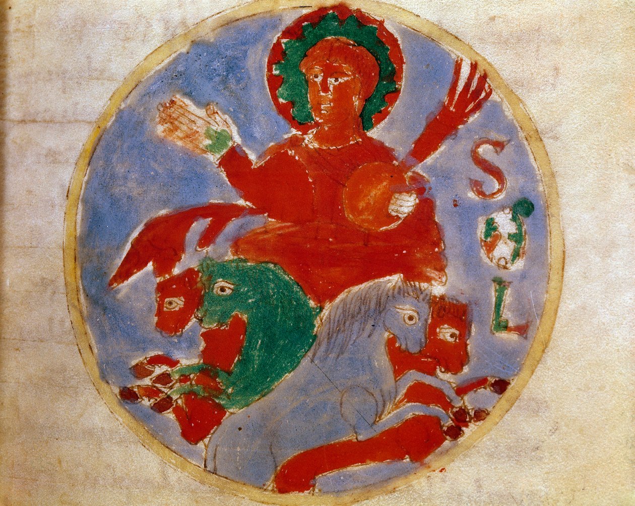 Representação alegórica da Miniatura do Sol tirada do volume "de sole" em "De Universo" (ou De rerum naturis (De la Nature des choses)) (cod. 132) por Rabanus Maurus Magnentius (ou Raban Maur ou Rabano Mauro) (ca. 780-856). Século IX. Arquivo de German School