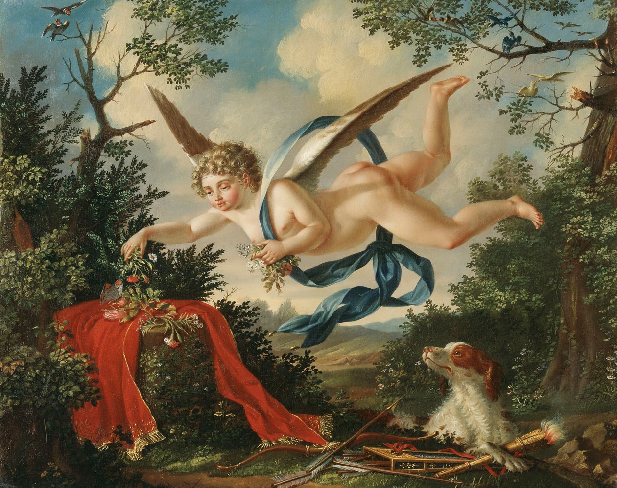 Alegorias do amor - Cupido reunindo flores em uma paisagem, 1803 de German School