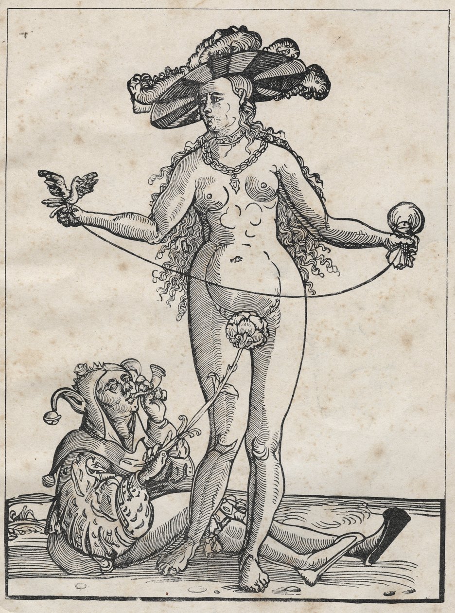 Alegoria da loucura - alegoria de la folie (A mulher e o tolo) gravura alemã do século XVI. de German School
