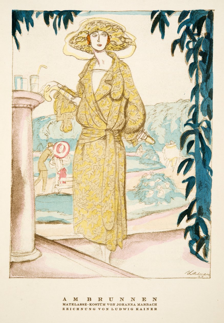 Am Brunnen, traje de Johanna Marbach, de Styl, pub.1922 (gravura em pochoir) de German School