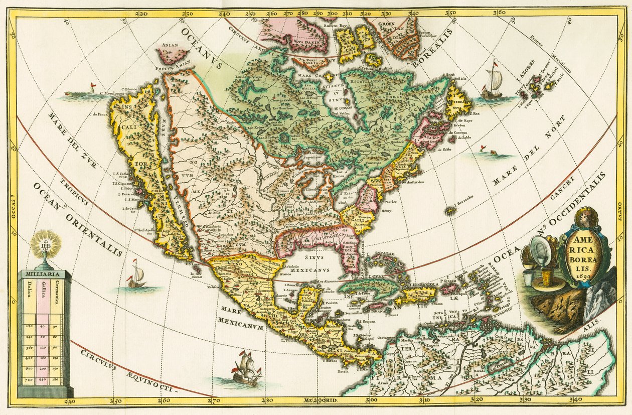América boreal. Mapa da América do Norte mostrando a Califórnia como uma ilha, da obra Geographia hierarchica de Heinrich Scherer de German School
