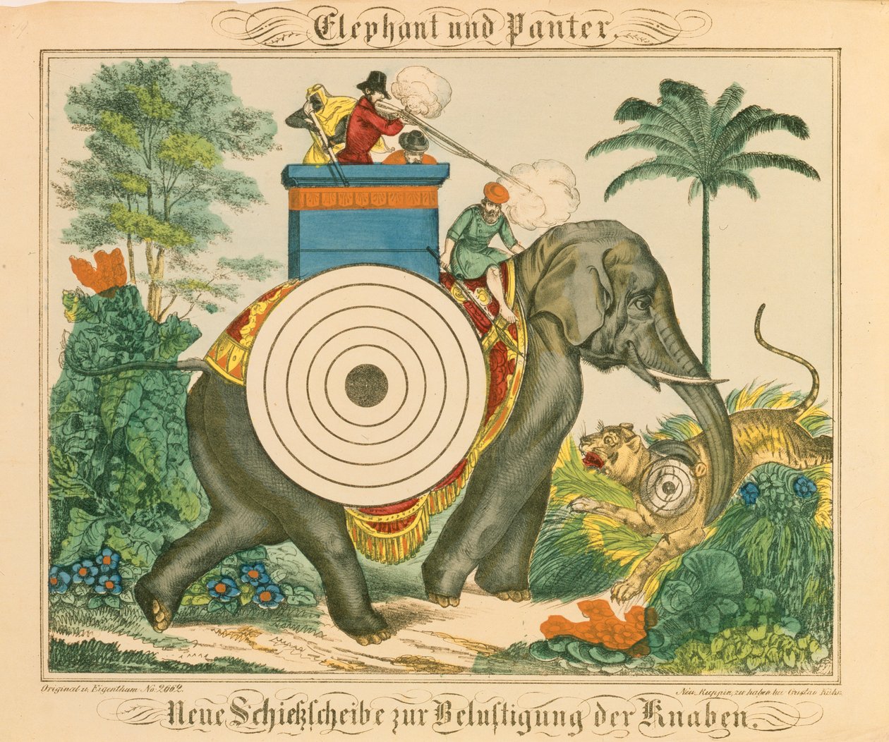 Um elefante e pantera com alvos, de Neuruppiner Bilderbogen, 1850 de German School