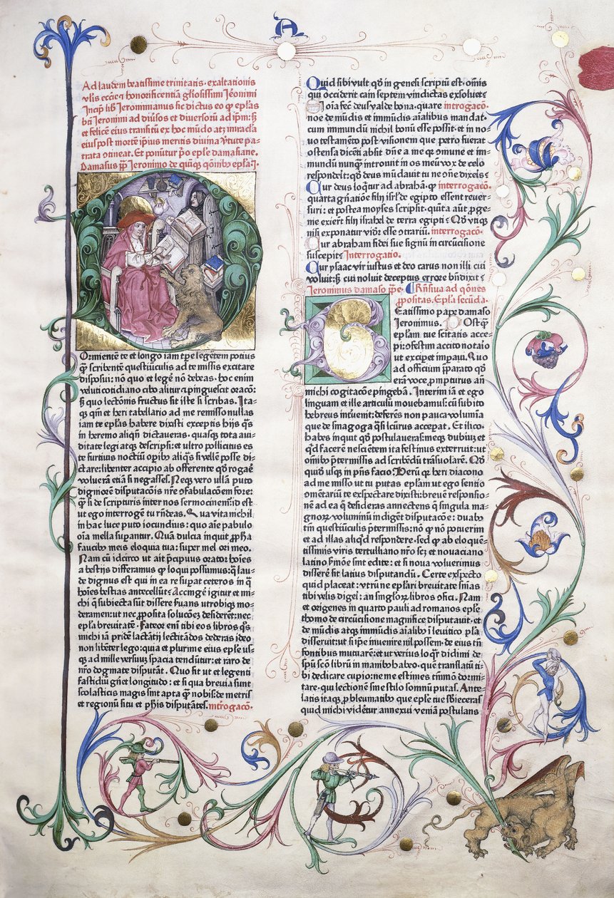 Uma página iluminada representando São Jerônimo em seu estúdio e uma borda incorporando um grifo atacado por três homens, 1470 de German School