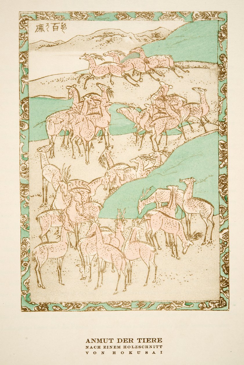 "Anmut der Tiere" após um corte de madeira de Hokusai, de Styl, pub.1922 (pochoir print) de German School