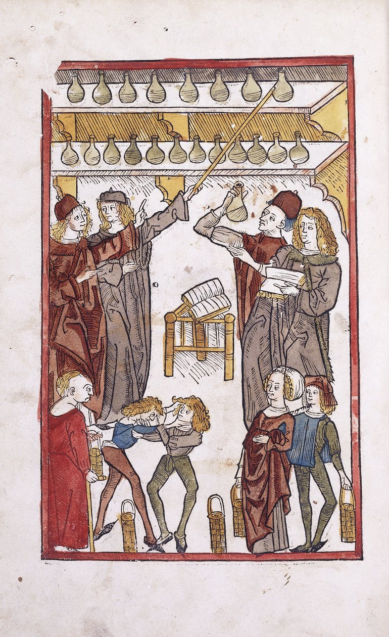 Boticários e poções, com dois meninos brigando em primeiro plano, 1491 de German School