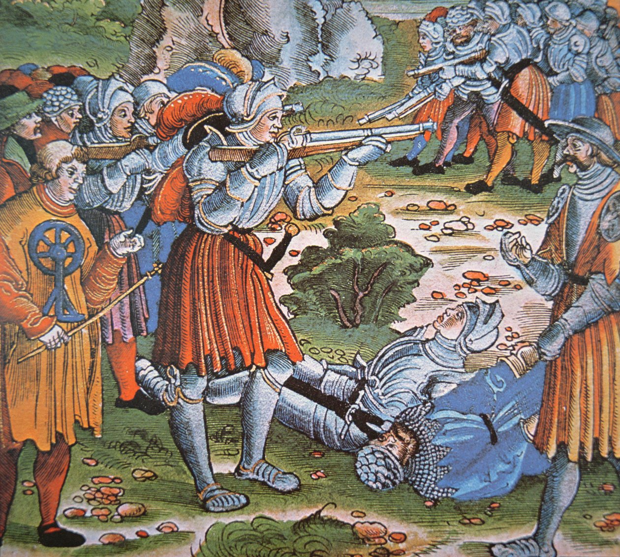 Soldados blindados que disparam fósforos Arquebus, finais do século XV (corte de madeira de cor manual) de German School
