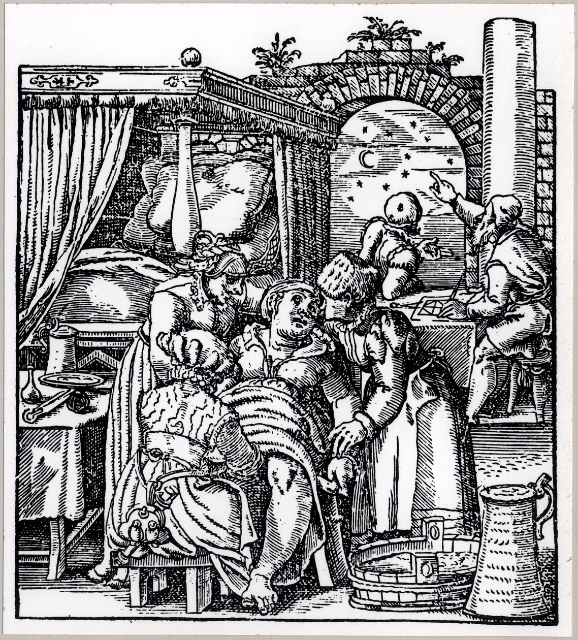 Astrólogos lançando um horóscopo para a criança nascer de uma mulher em uma cadeira de parto, de De Conceptu et Generatione Hominis, de Jacob Rueff, publicada em Frankfurt, 1587 de German School