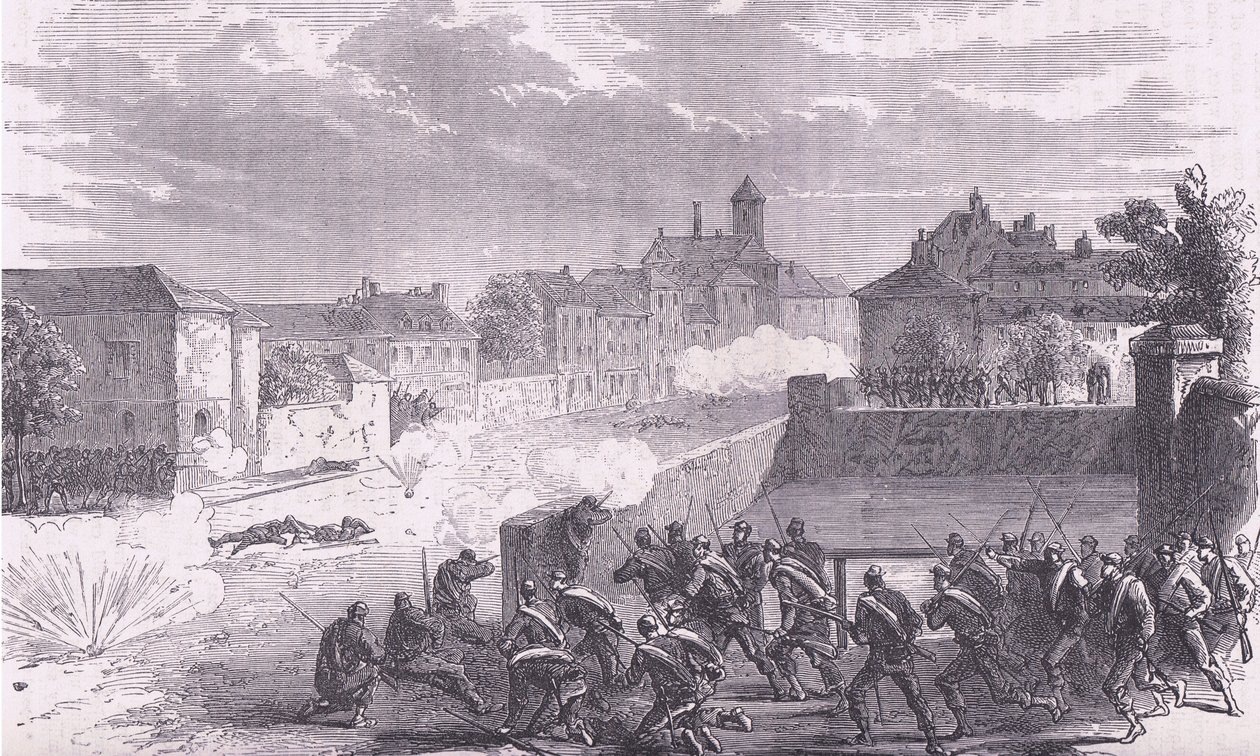 Ataque ao Le Bourget, Cassells História da Guerra entre a França e a Alemanha publicado pela Cassell and Company Limited, c.1890 (litho) de German School
