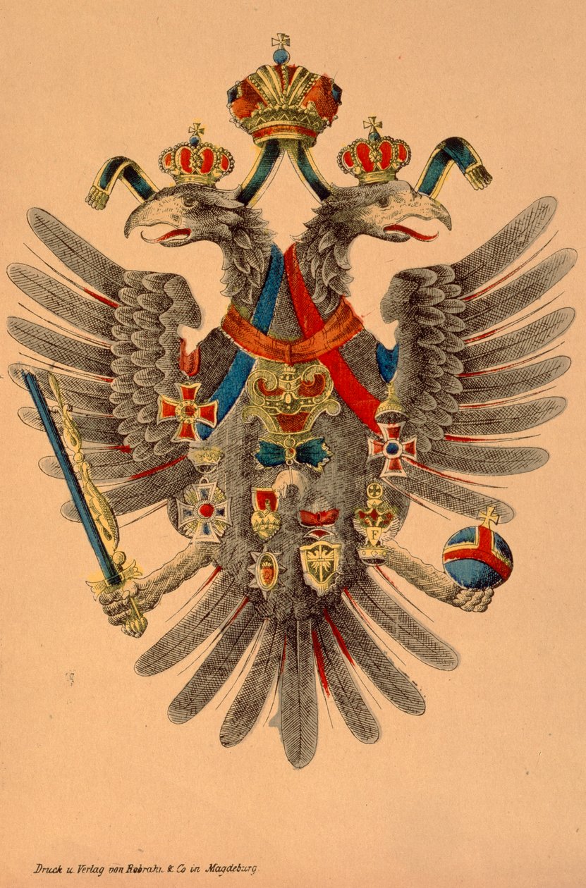 Brasão imperial austro-húngaro, publicado pela Robraki & Co., Magdeburg, c.1865 (xilogravura colorida) de German School